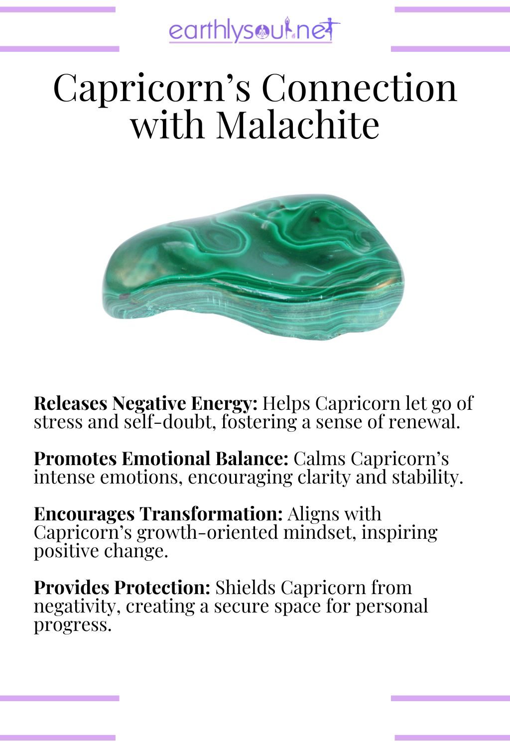 Malachite crystal, releasing negative energy and promoting transformation, ideal for capricorn zodiac signs overcoming challenges.