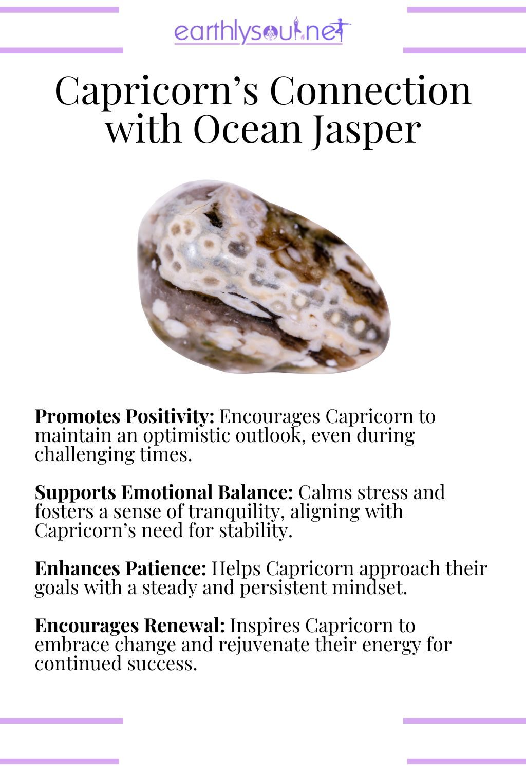 Ocean jasper crystal, promoting positivity and emotional balance, ideal for capricorn zodiac signs.