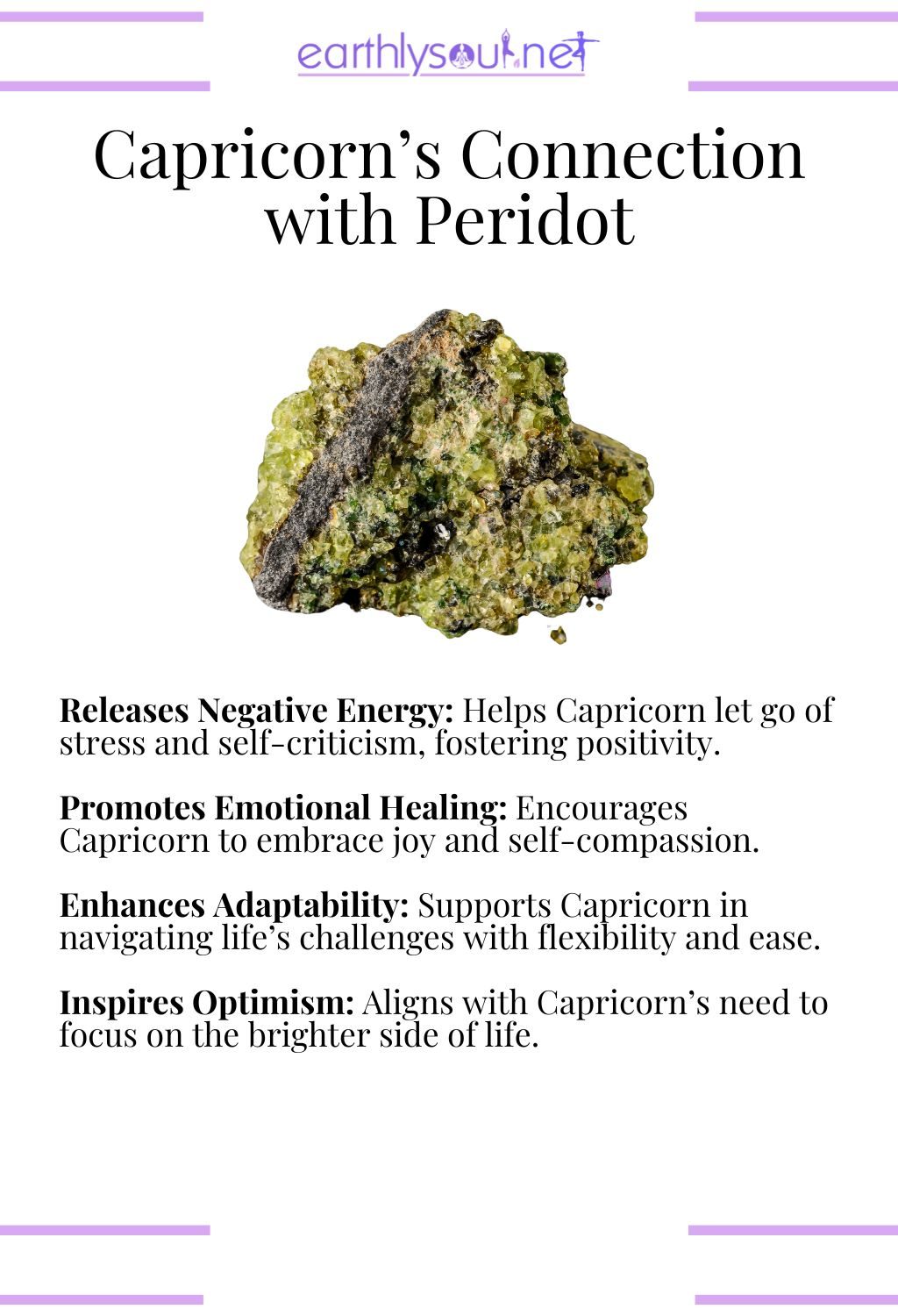Peridot crystal, releasing negative energy and promoting optimism, ideal for capricorn zodiac signs overcoming challenges.
