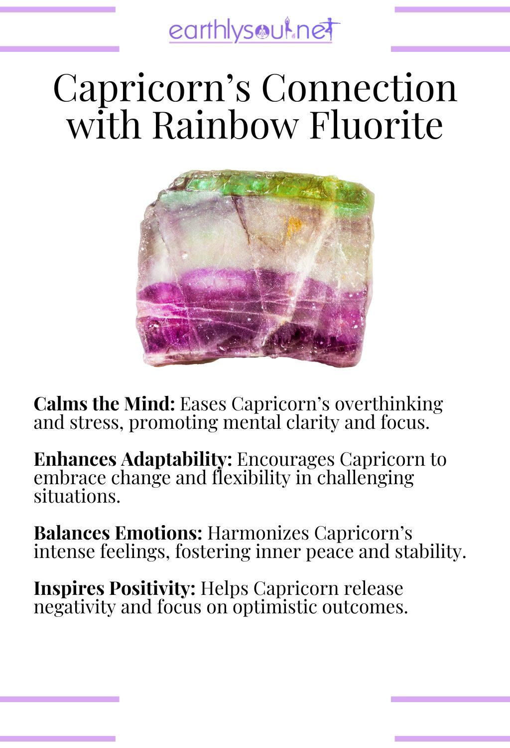 Rainbow fluorite crystal, calming the mind and balancing emotions, perfect for capricorn zodiac signs overcoming challenges.