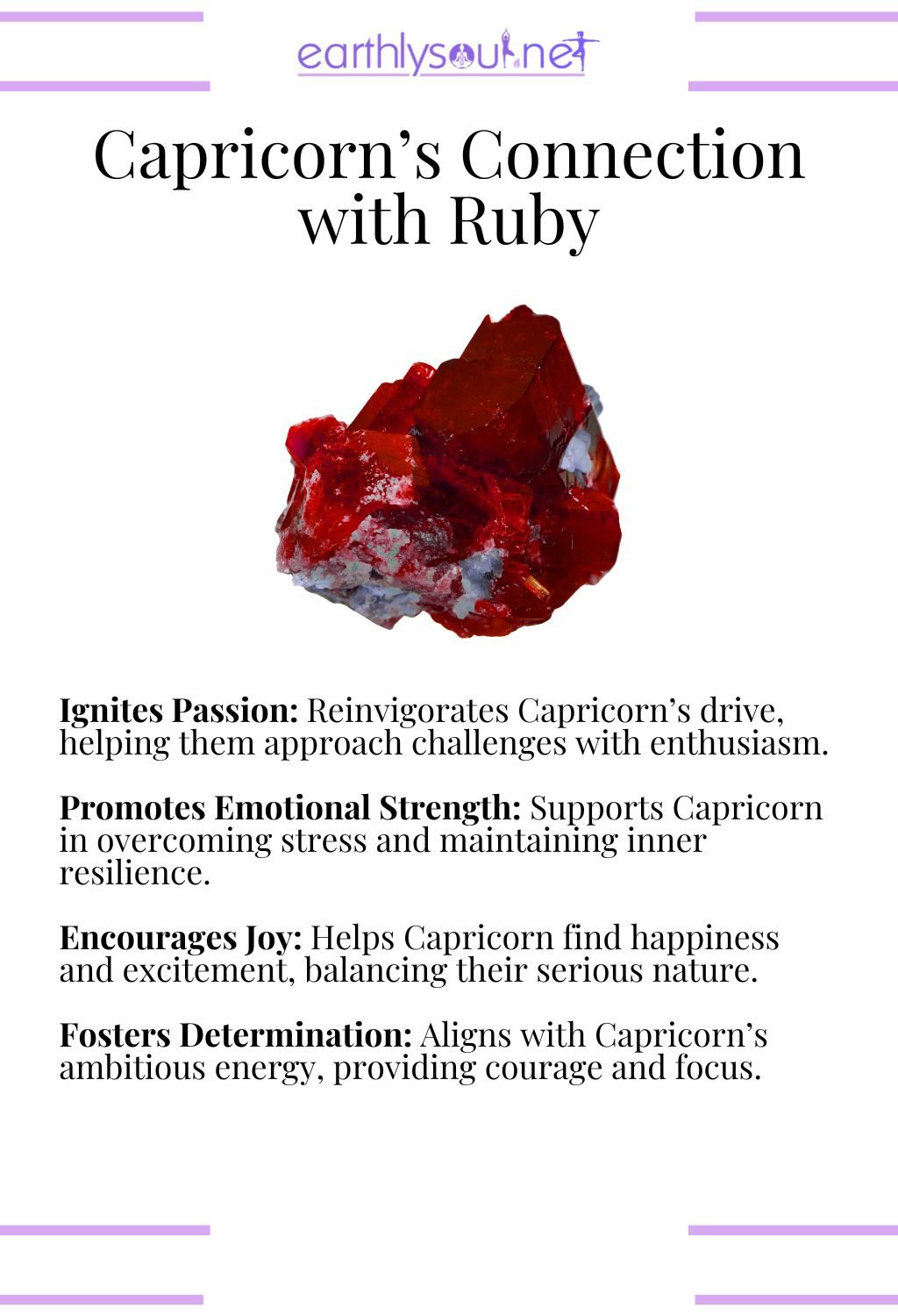 Ruby crystal, igniting passion and promoting emotional strength, ideal for capricorn zodiac signs overcoming challenges.