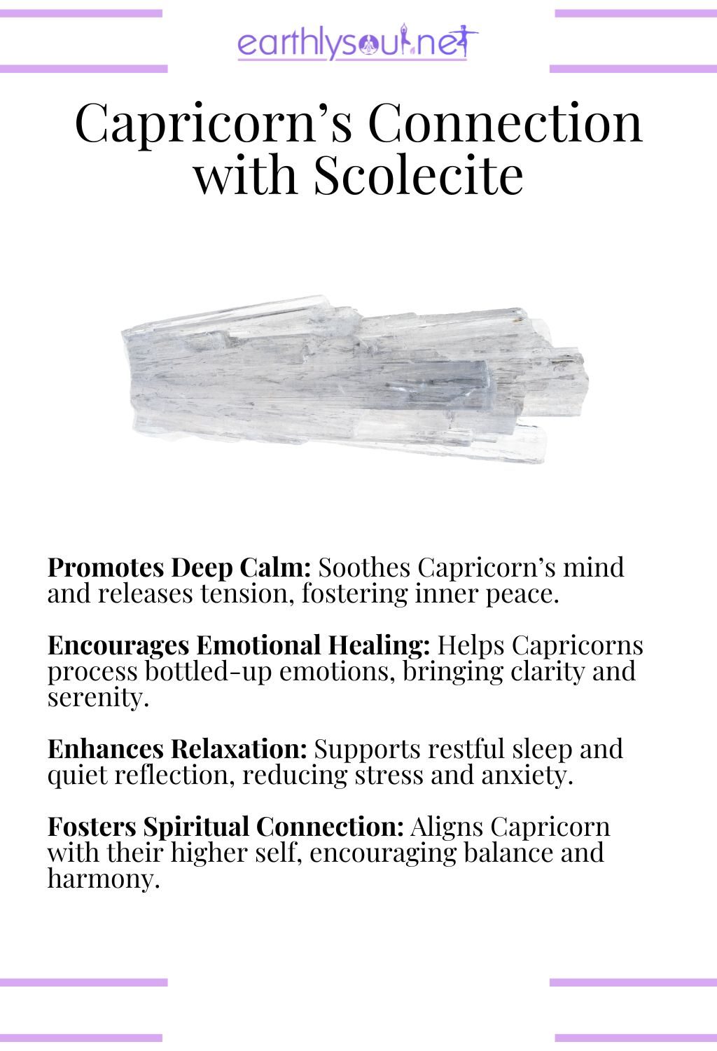 Scolecite crystal, promoting deep calm and emotional healing, ideal for capricorn zodiac signs seeking serenity.