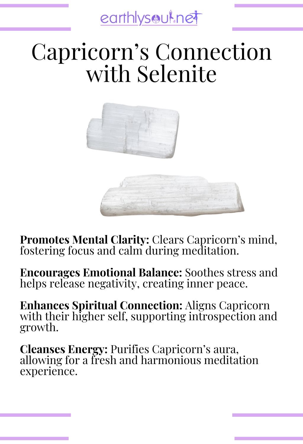 Selenite crystal, promoting mental clarity and emotional balance, perfect for capricorn meditation.