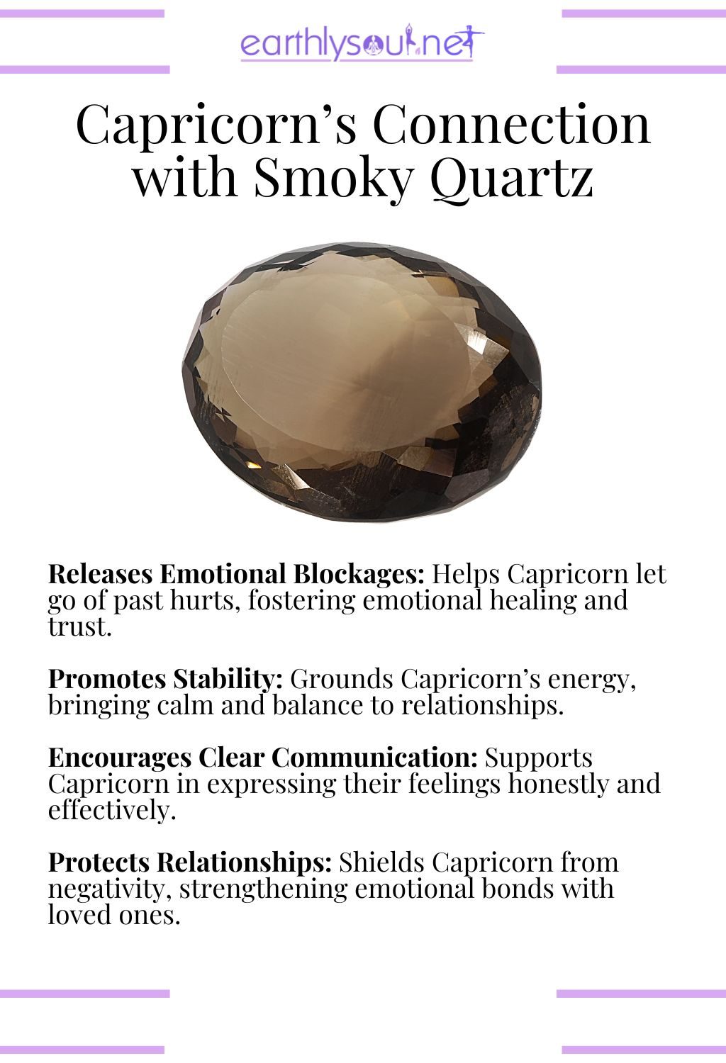 Smoky quartz crystal, releasing emotional blockages and promoting stability, ideal for capricorn zodiac signs in relationships.