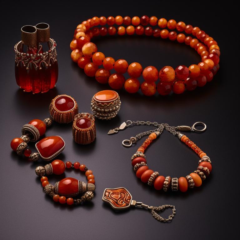 Photo of carnelian crystal jewelry, beaded carnelian necklace and earrings