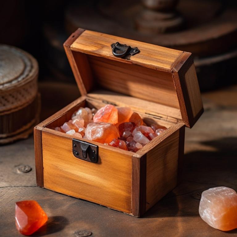 Carnelian crystals in a wooden storage box