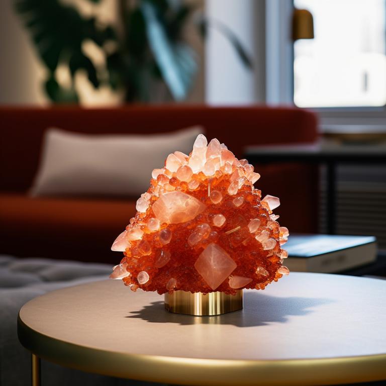 Photo of a carnelian geode cluster on a living room table