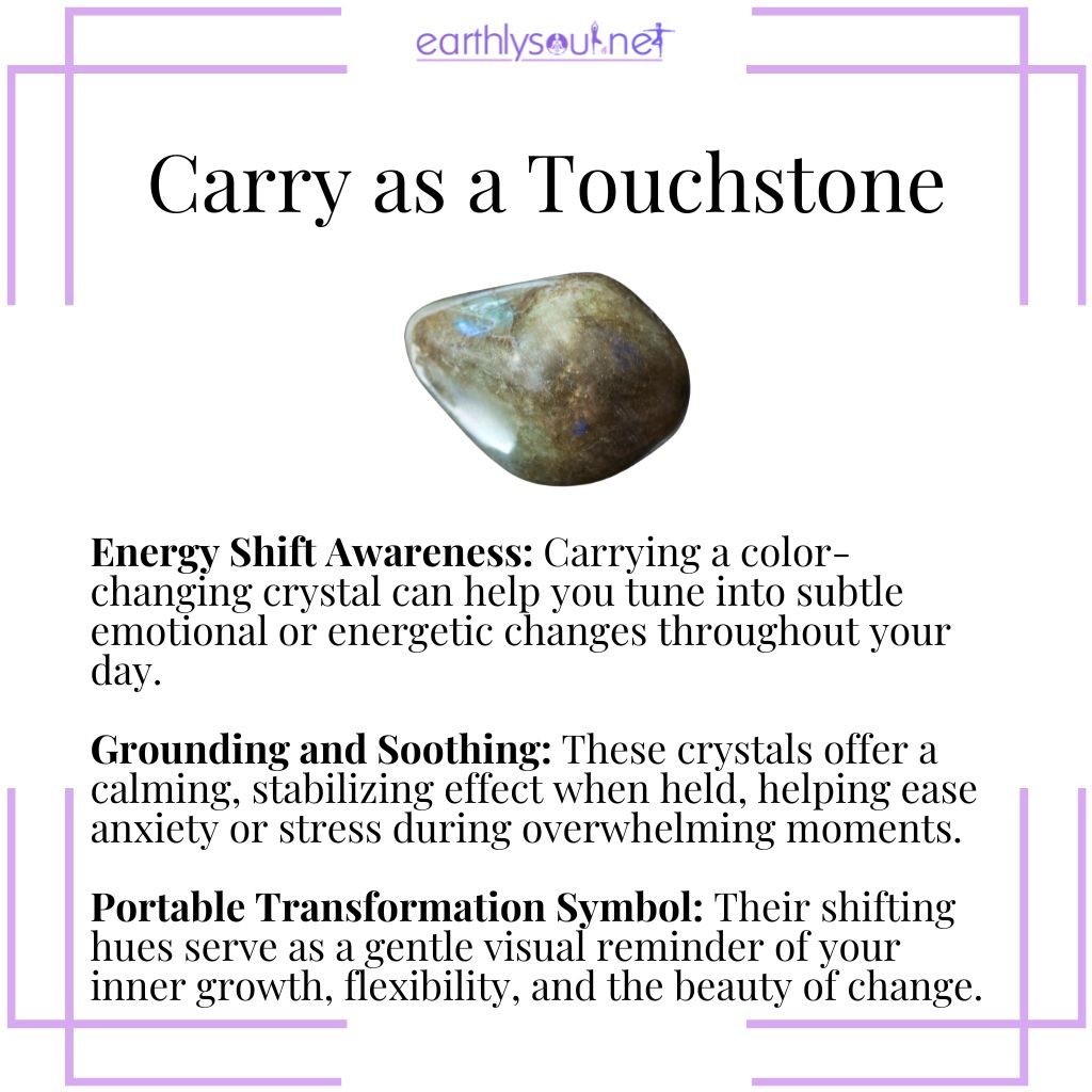Color-changing crystals used as pocket touchstones for stress relief, energy awareness, and personal transformation.