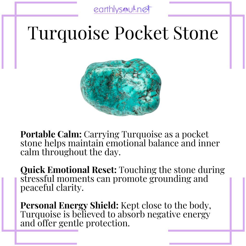 Carry turquoise as a pocket stone – a calming crystal for emotional balance, grounding, and gentle daily protection.