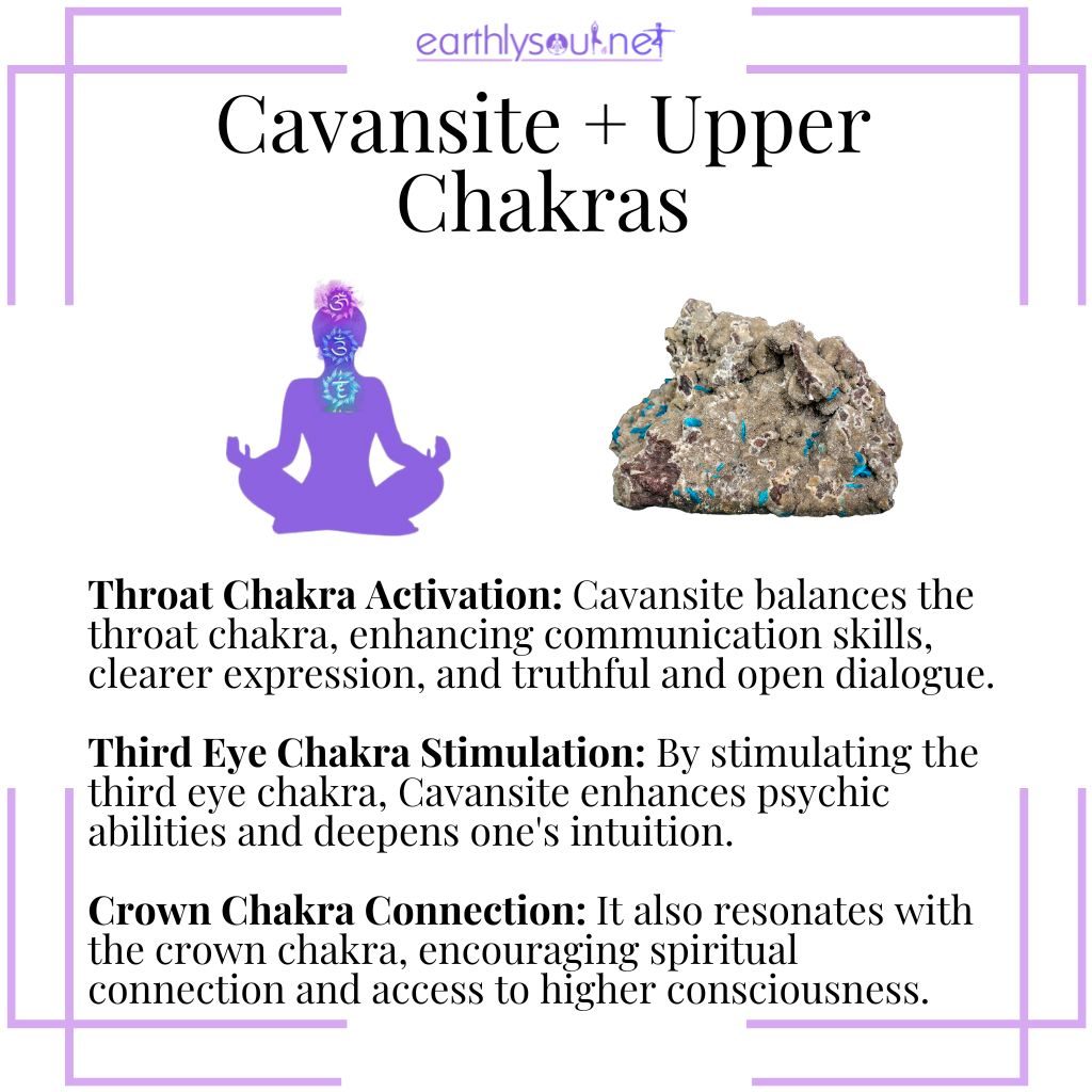 Cavansite activates the throat chakra, stimulates the third eye, and connects with the crown chakra for enhanced spiritual communication.