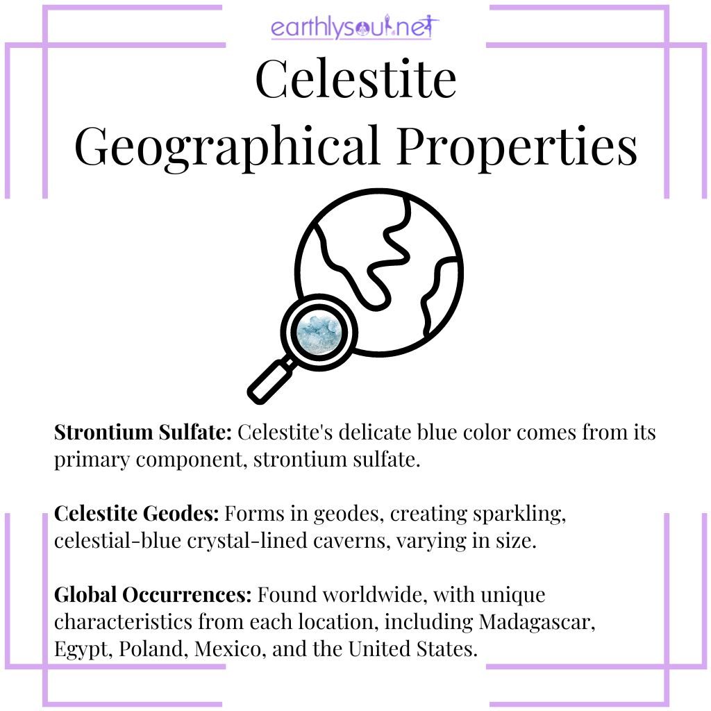 Celestite's strontium sulfate composition, stunning geode formations, and global occurrences