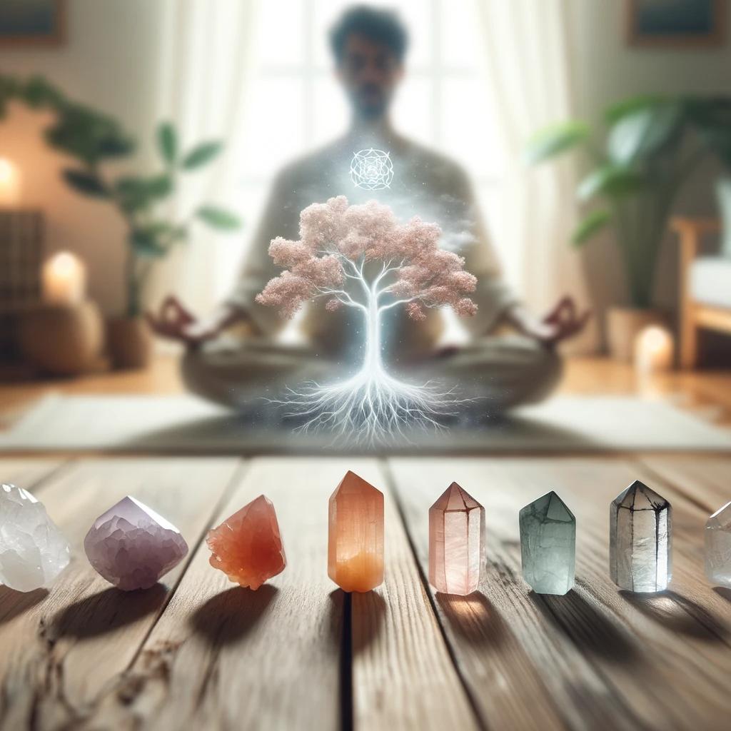Photo of a serene meditation space. On a wooden table, there are seven crystals aligned
