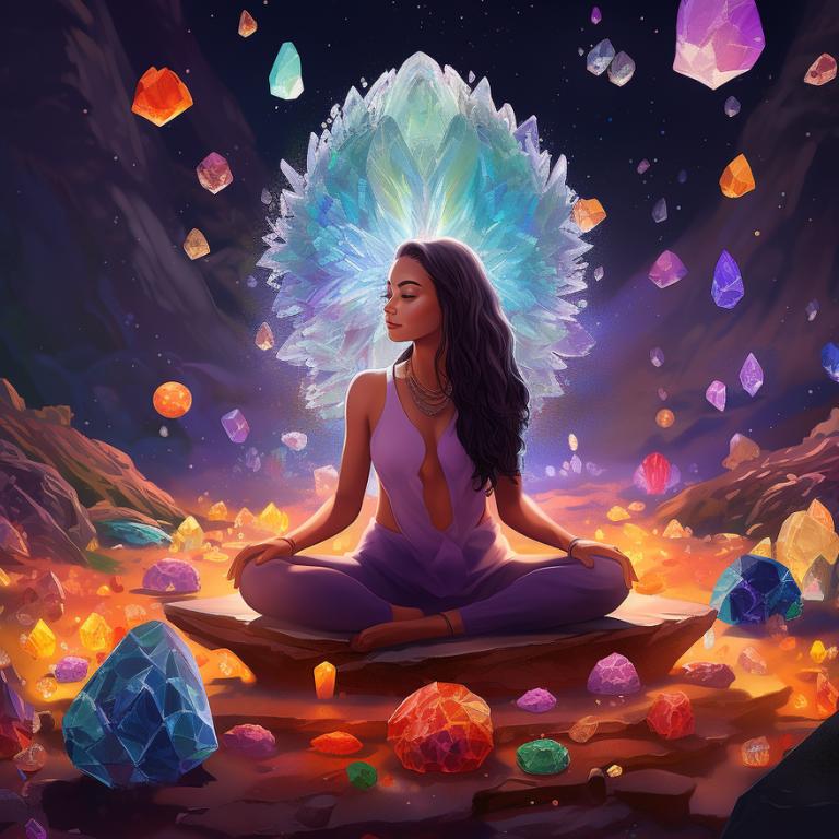 Digital art of individual meditating with chakra crystals in peaceful setting