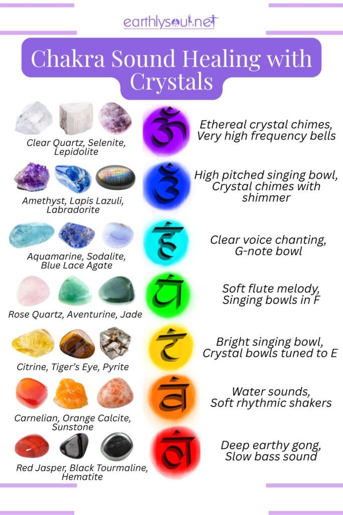 Chakra chart with matching crystals and sound frequencies