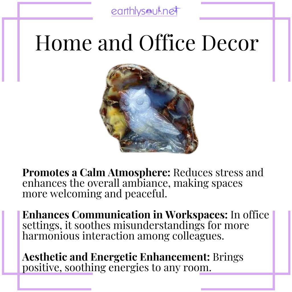 Chalcedony decor for promoting calm, enhancing communication in workspaces, and improving room aesthetics and energy.