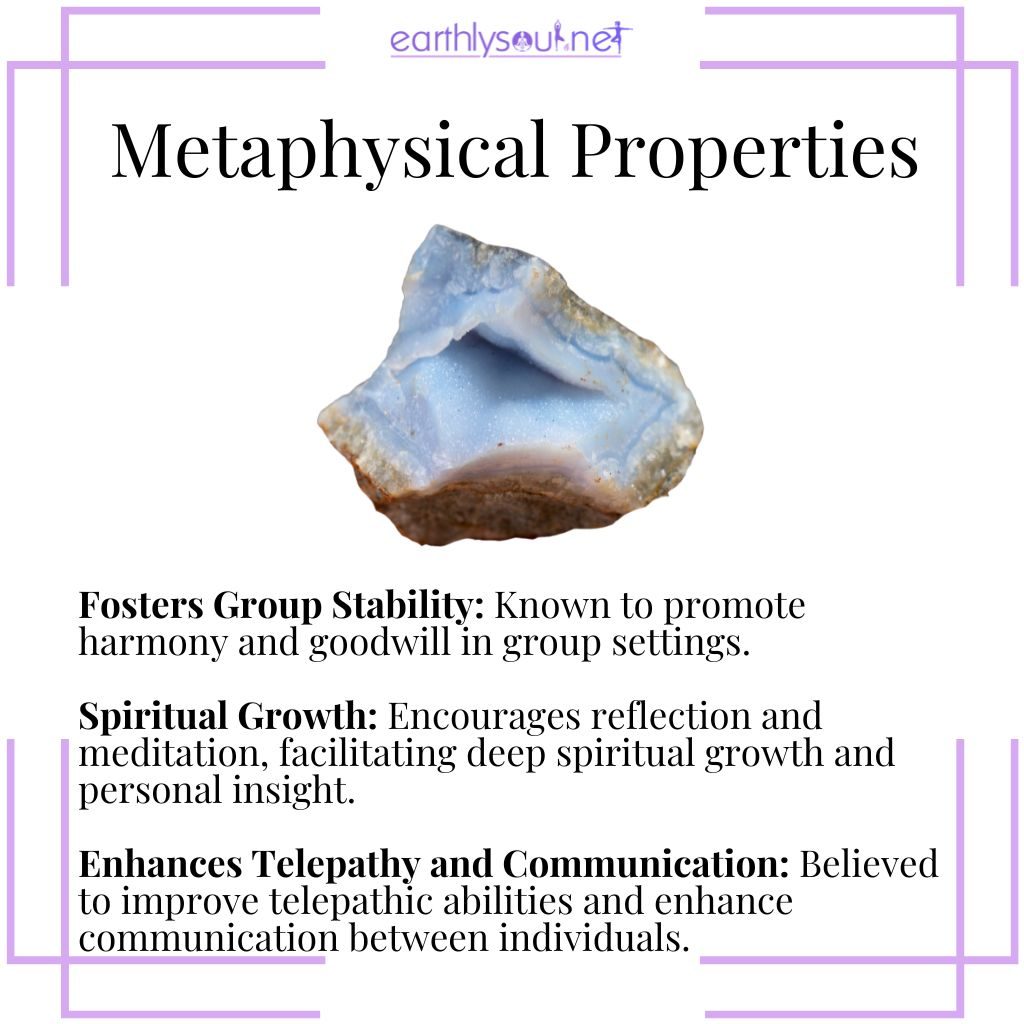Chalcedony metaphysical properties enhance group stability, spiritual growth, and telepathic communication.