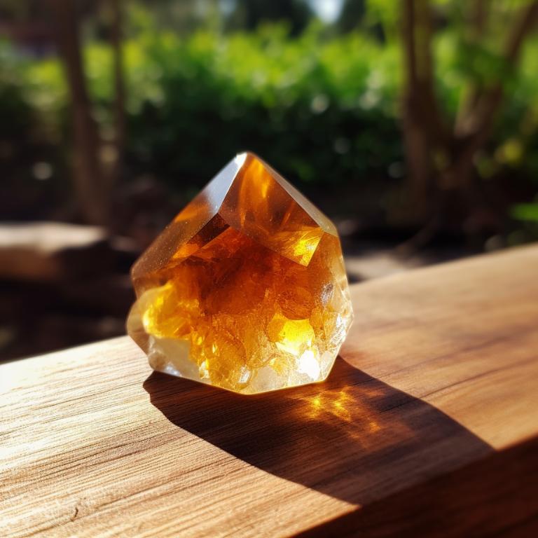 Citrine crystal on wooden surface