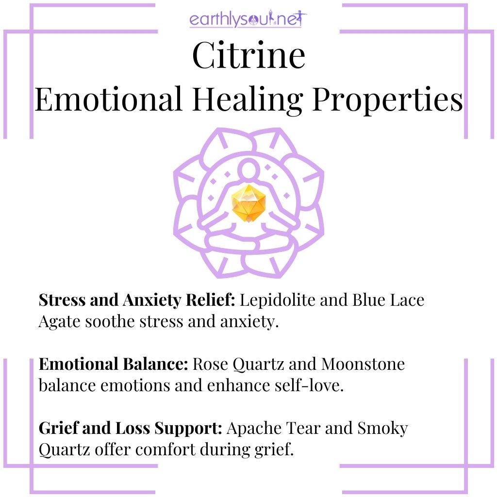 Citrine crystal for relieving stress and anxiety, promoting emotional balance, and supporting grief and loss recovery