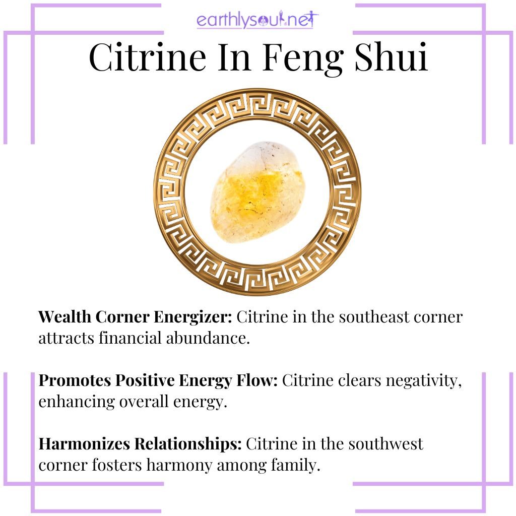 Citrine enhancing Feng Shui with wealth corner energization, positive energy flow, and harmonized relationships