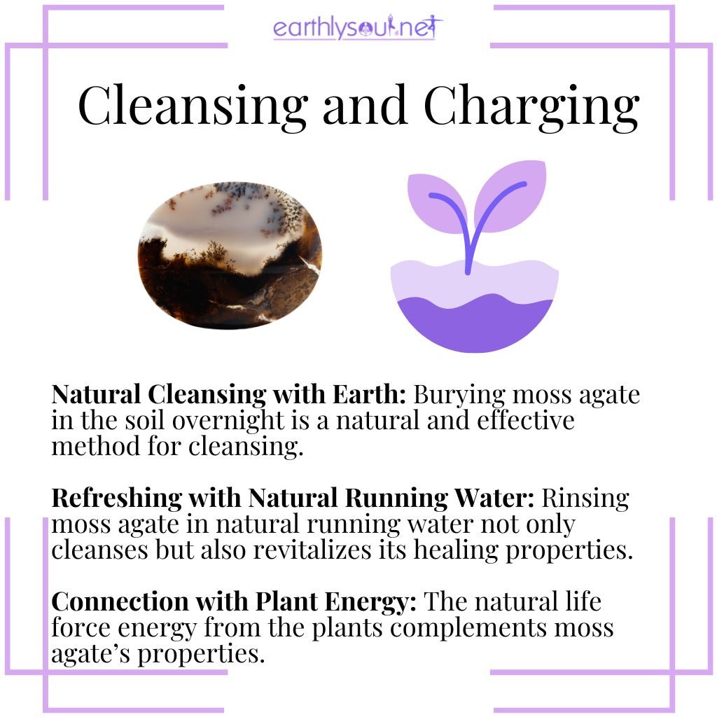 Moss agate cleansed in soil, refreshed by natural running water, and energized near plants enhances its natural energies.
