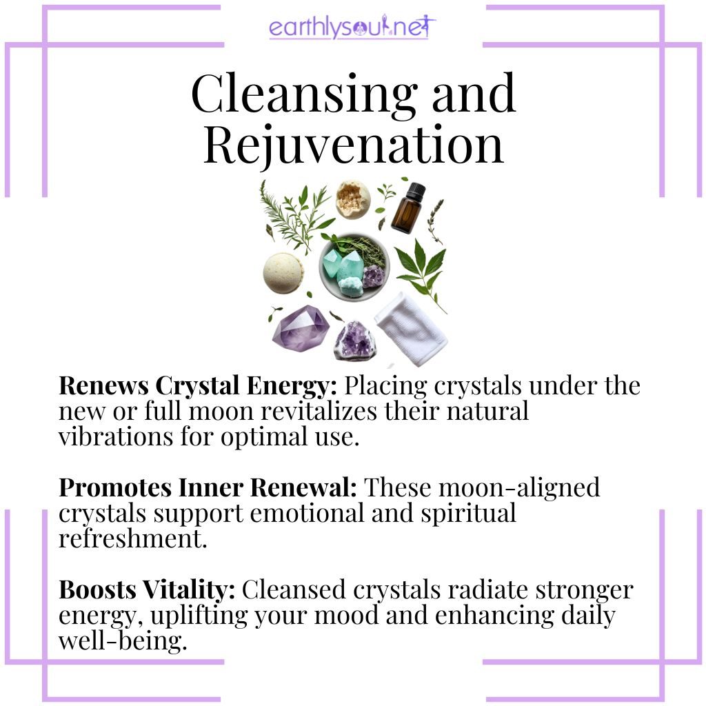 Moon phase crystals cleansed under lunar energy for rejuvenation, emotional renewal, and vitality boost