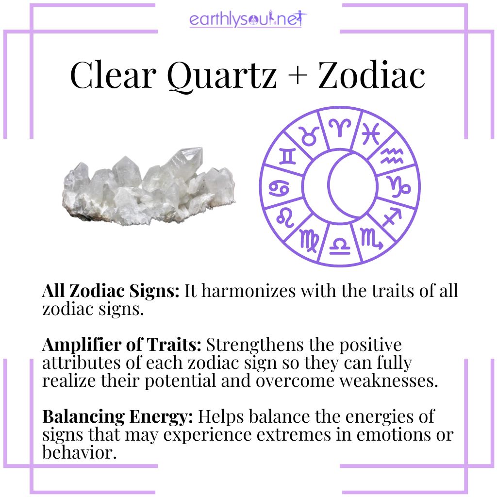 Clear quartz's universal zodiac association, amplifying traits, and balancing energy for all signs.