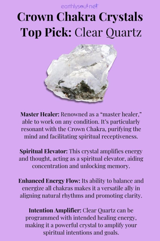 Clear quartz crystal enhancing spiritual receptiveness and amplifying intentions for crown chakra balancing