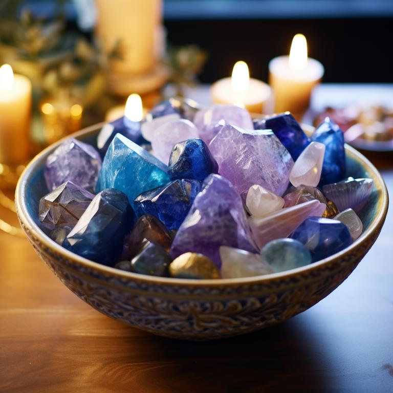 A collection of healing crystals in a ceramic bowl with candles in the background
