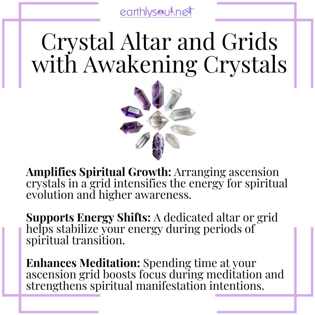 Ascension crystal grid to amplify spiritual growth, support energy shifts, and enhance meditation.