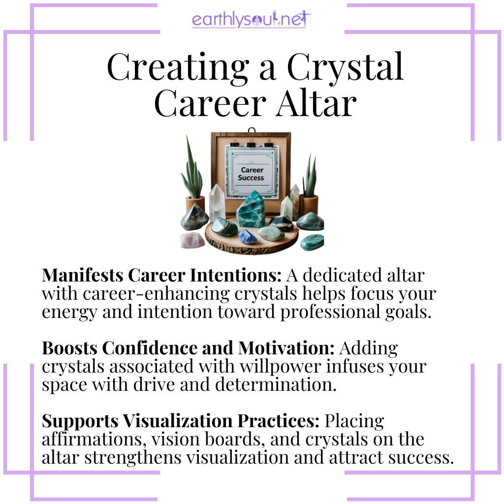 Crystal career altar for intention setting, motivation, and professional manifestation.