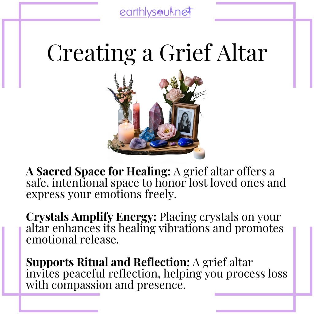 Grief altar with healing crystals for emotional support, ritual, and remembrance.