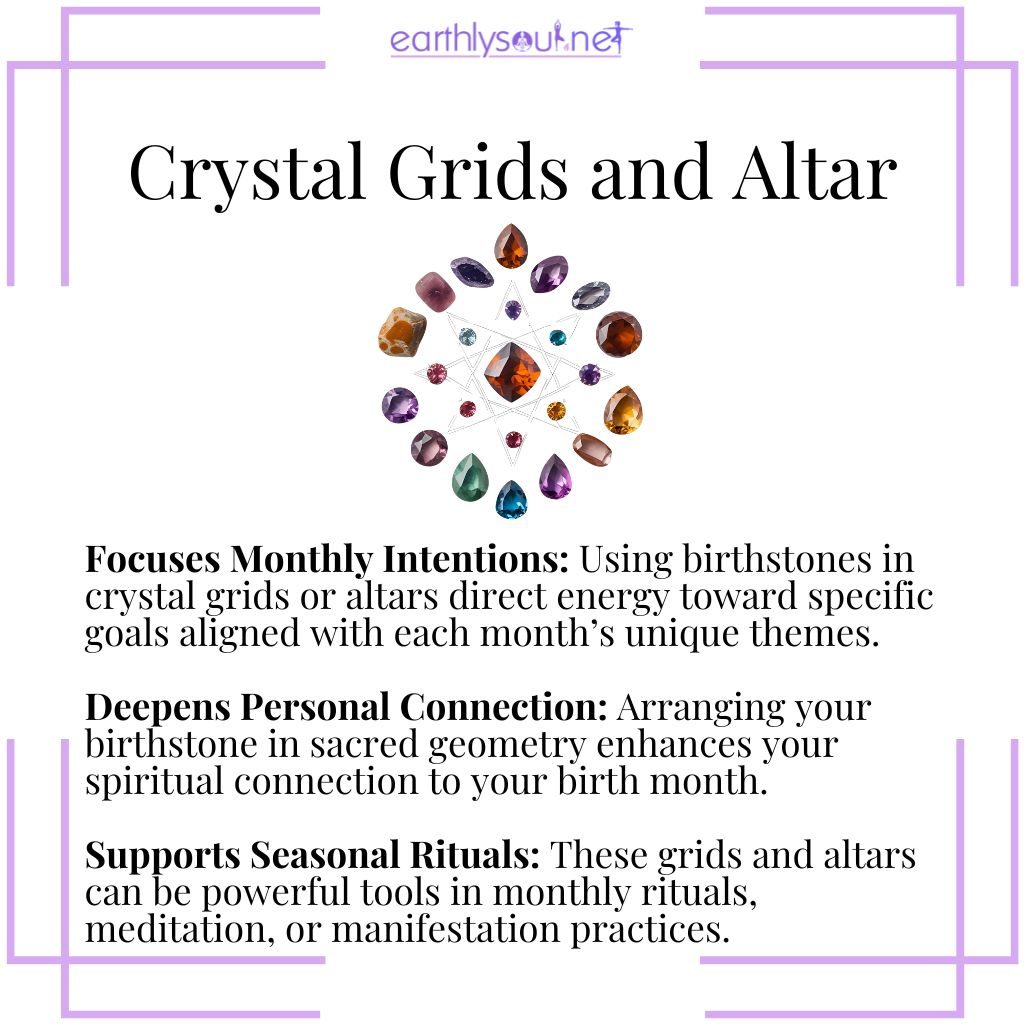 Crystal grid and altar with birthstones to focus monthly intentions, deepen zodiac connection, and support seasonal rituals