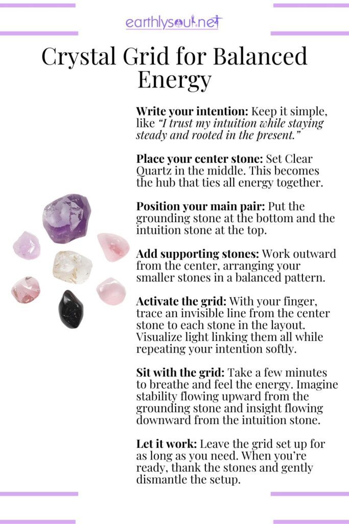 Crystal grid layout with grounding and intuition stones for balanced energy