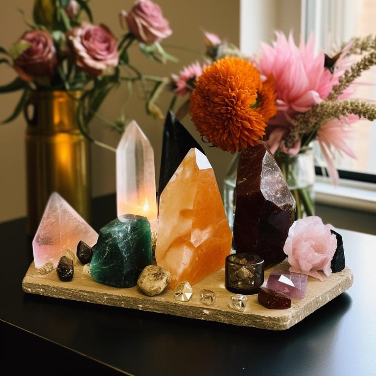 Crystal alter with citrine, clear quartz, black tourmaline with flowers in the background