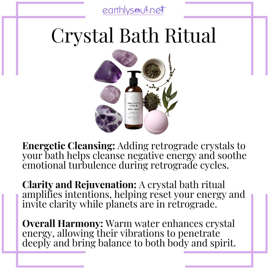 Crystal bath rituals with retrograde crystals for energy cleansing, emotional balance, and renewal during retrograde cycles