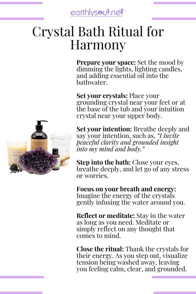 Crystal bath ritual guide with intuition and grounding stones for harmony