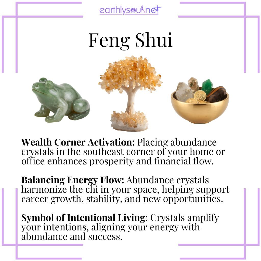 Abundance crystals used in feng shui to activate the wealth corner, balance chi, and attract prosperity