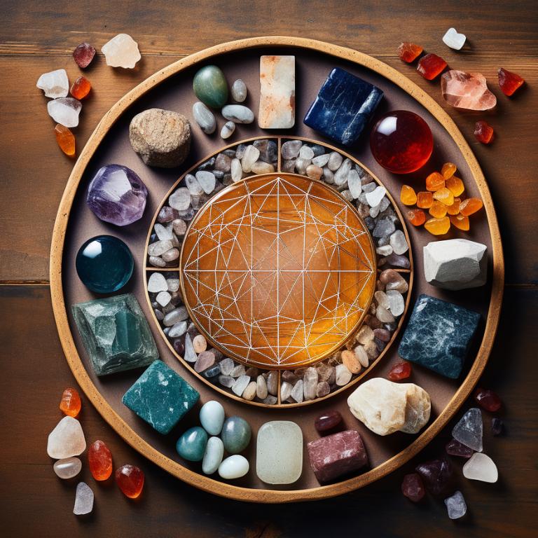 Top-down view of a beautifully arranged crystal grid on a wooden surface