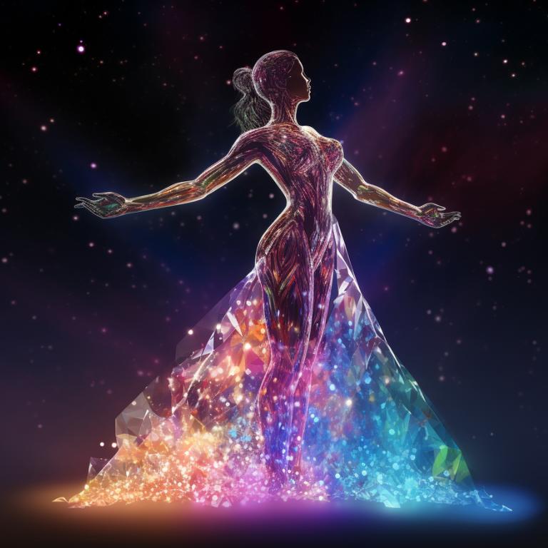 Digital art of a silhouette figure representing feminine energy interacting with vibrant crystals