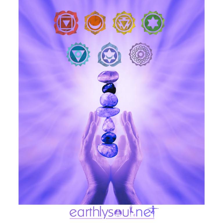Crystals and chakra symbols for each chakra point