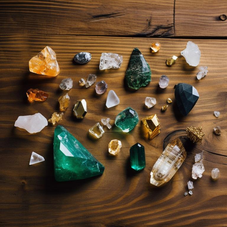 An selection of crystals for abundance including pyrite, green aventurine, citrine, jade, and clear quartz on a wooden surface
