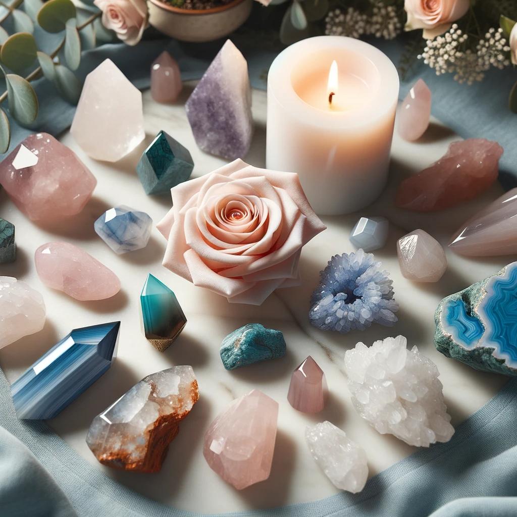 Serene setting with friendship crystals beautifully laid out