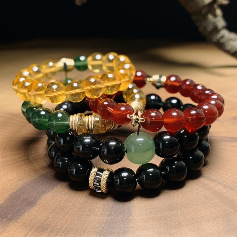 Selection of crystal bracelets made from black tourmaline, carnelian, citrine and emerald