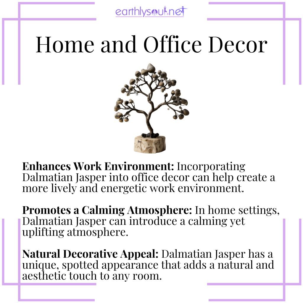 Dalmatian jasper enhances office environments, promotes a calming home atmosphere, and adds natural decorative appeal.