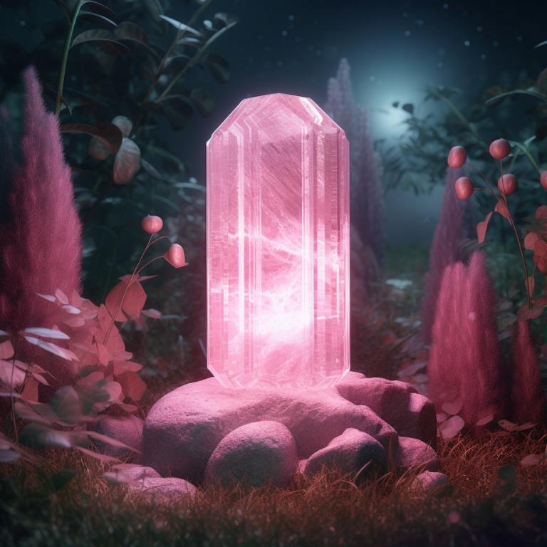 Digital art of moonlight charging pink tourmaline in a garden