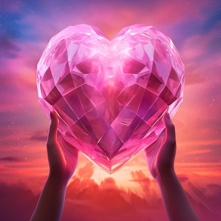 Digital scene of hands holding a large pink tourmaline heart