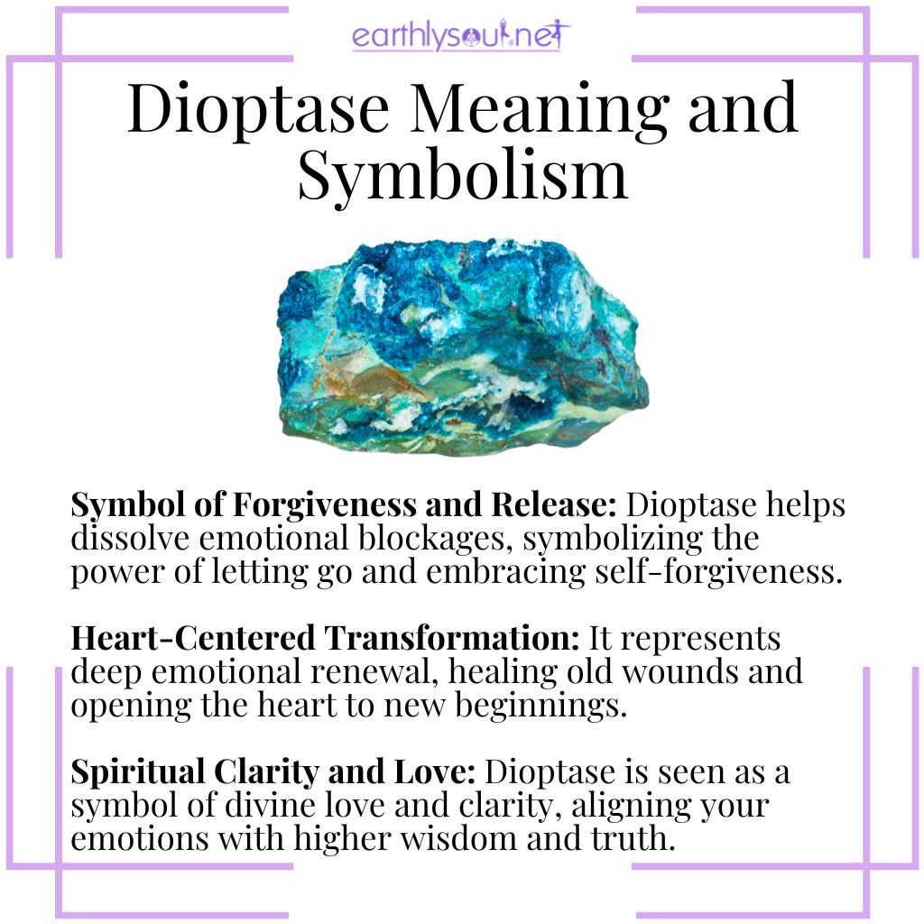 Dioptase symbolizes forgiveness, emotional renewal, and heart-centered spiritual clarity.