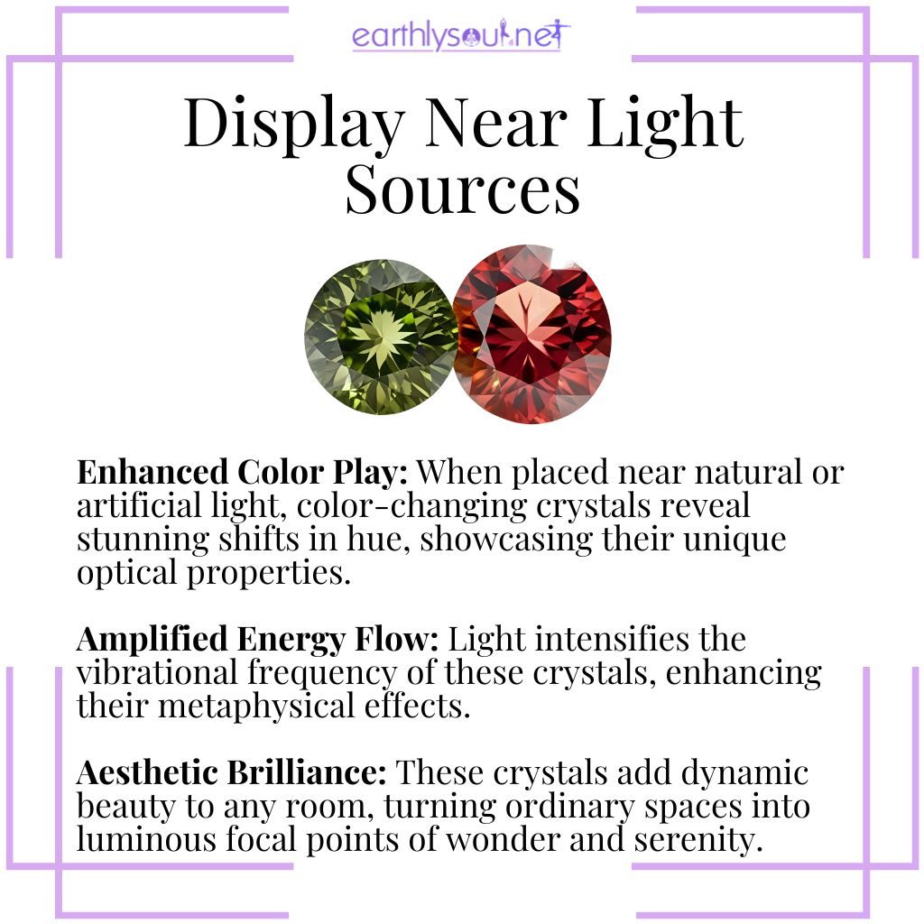 Color-changing crystals glowing near light sources to enhance their beauty, energy, and transformational properties.