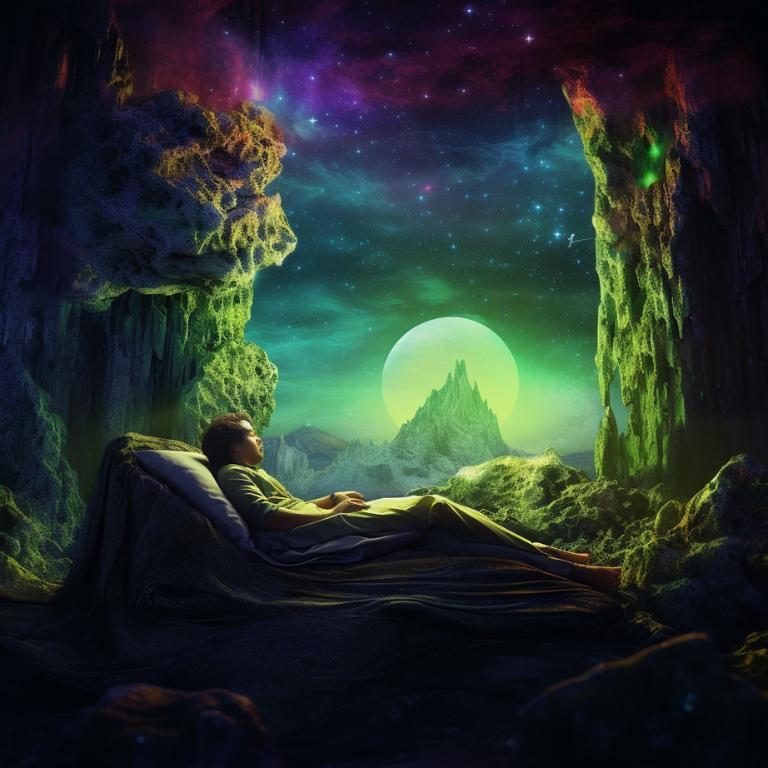 Digital art representing moldavite crystal during sleep symbolizing its role in dream work and lucid dreaming