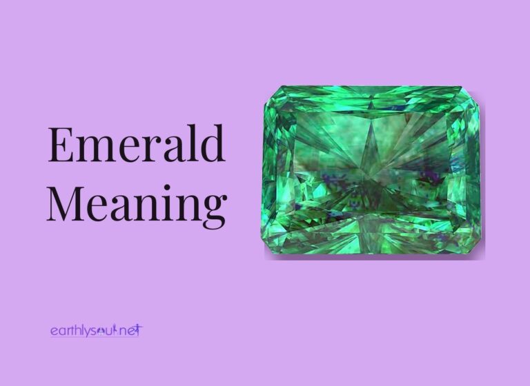 Emerald meaning title beside a faceted green emerald-cut emerald on a lilac background